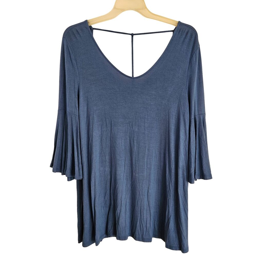 Zenana Premium Tunic Top Medium Blue Flared Bell 3/4 Sleeves T-Back V-Neck
